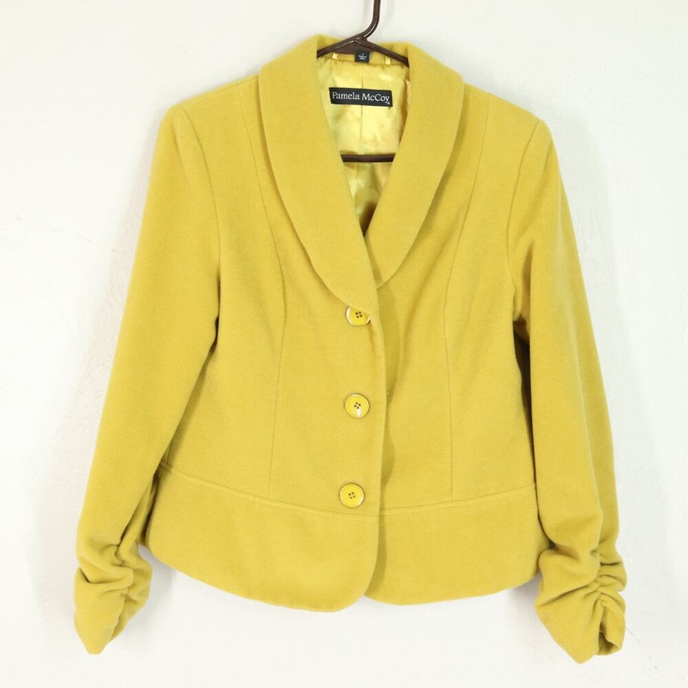 Vtg PAMELA MCCOY Jacket Blazer S Yellow Long Sleeve Ruched Lined